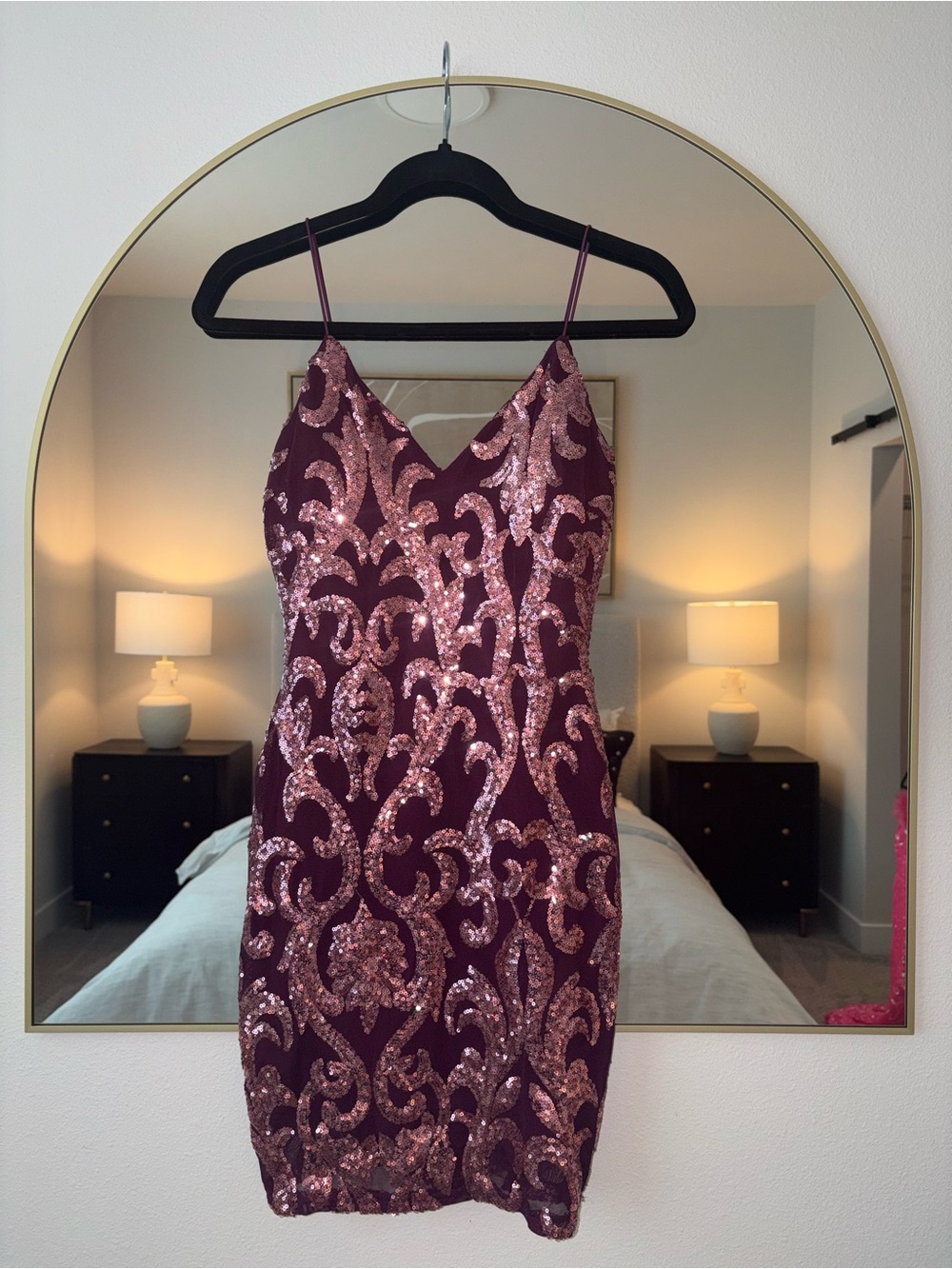 Windsor Burgundy Sequin Mini Dress with Rose-Gold Accents